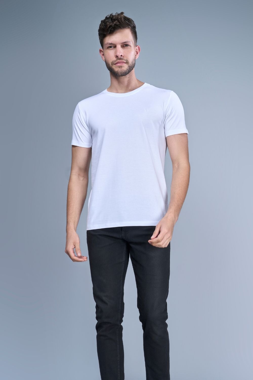 White colored, solid t shirt for men with round neck and half sleeves, full view