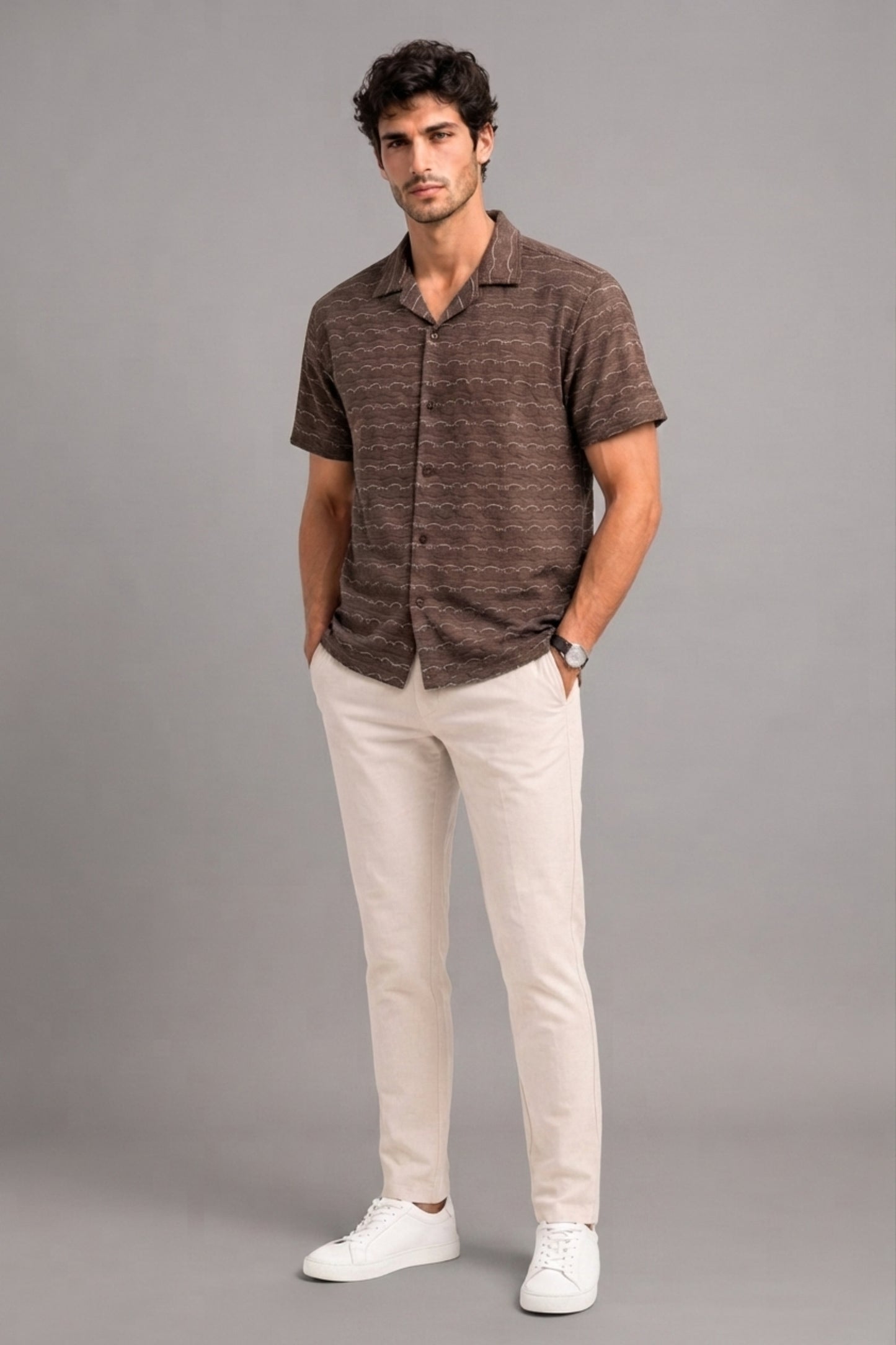 Brown - Wave Textured Oversized Shirt