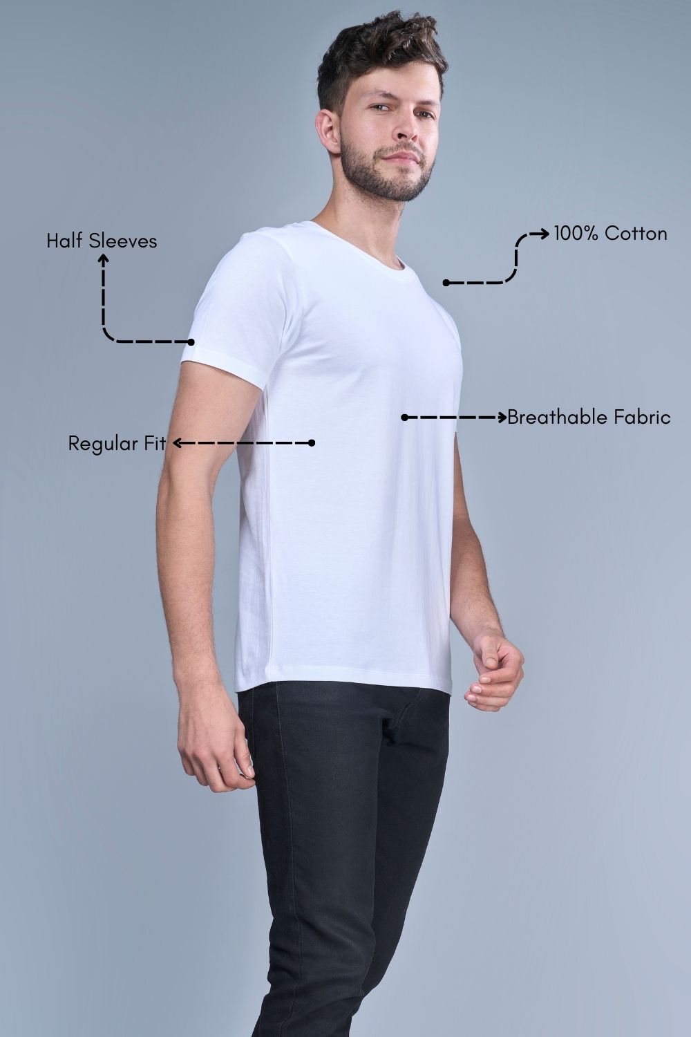 White colored, solid t shirt for men with round neck and half sleeves, product features.