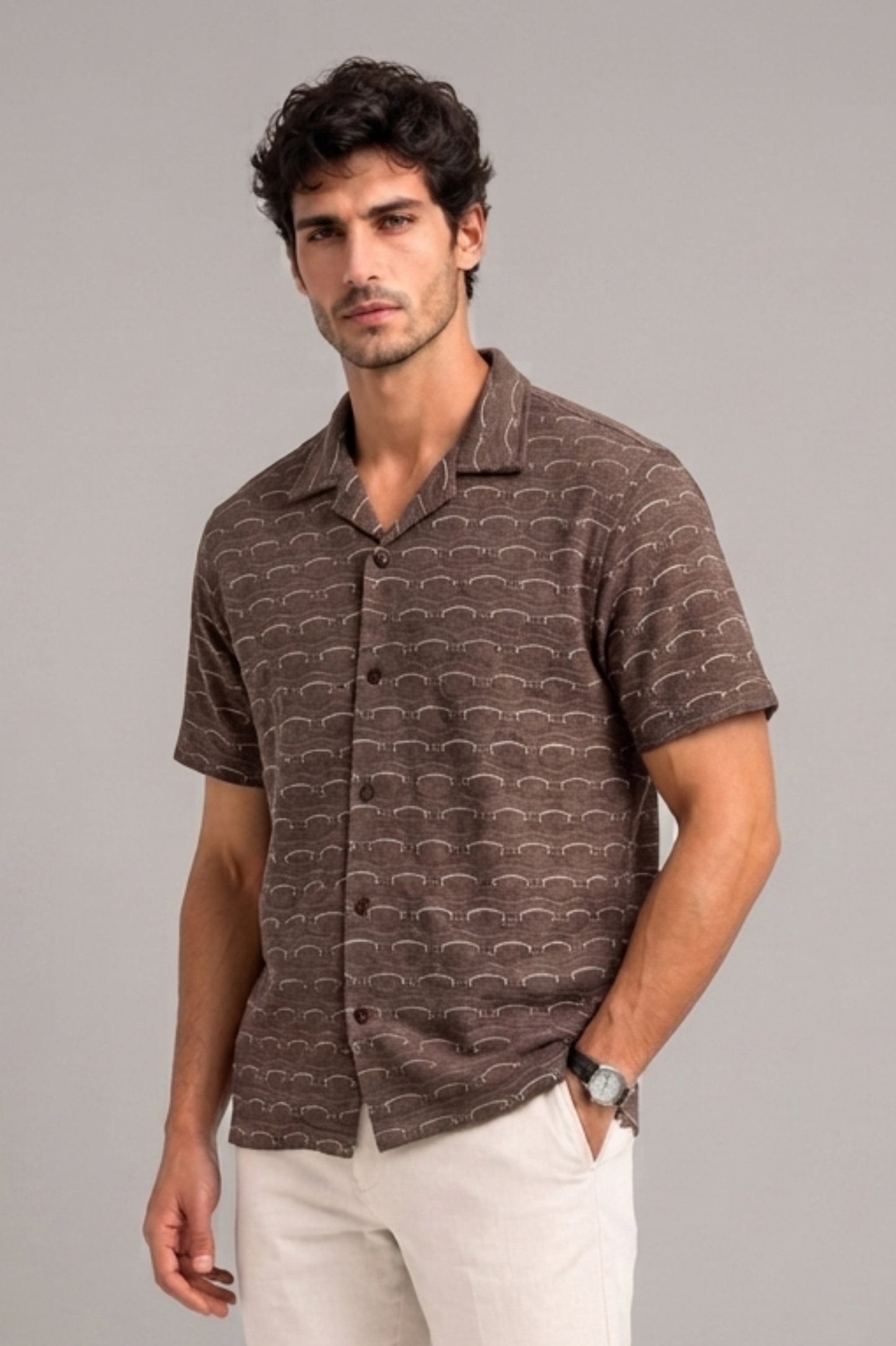 Brown - Wave Textured Oversized Shirt