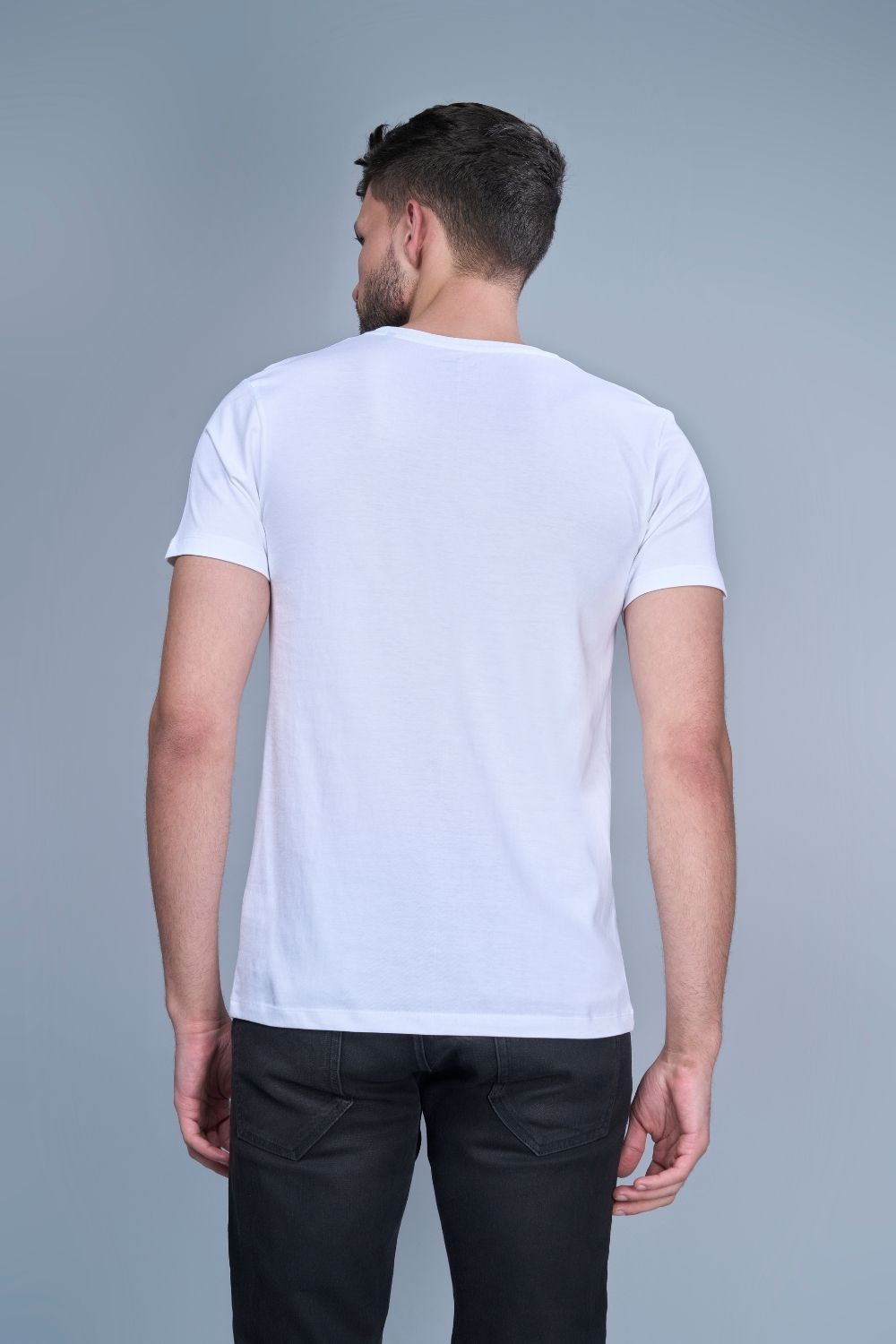 White colored, solid t shirt for men with round neck and half sleeves, back view.