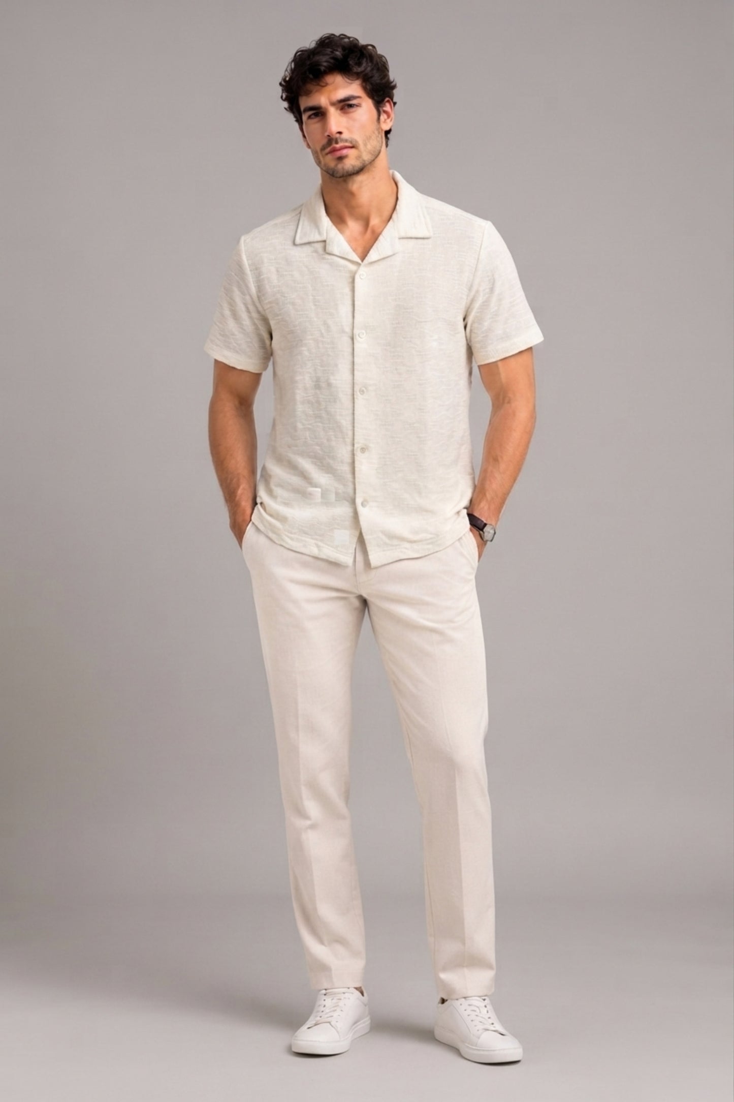 White - Wave Textured Oversized Shirt