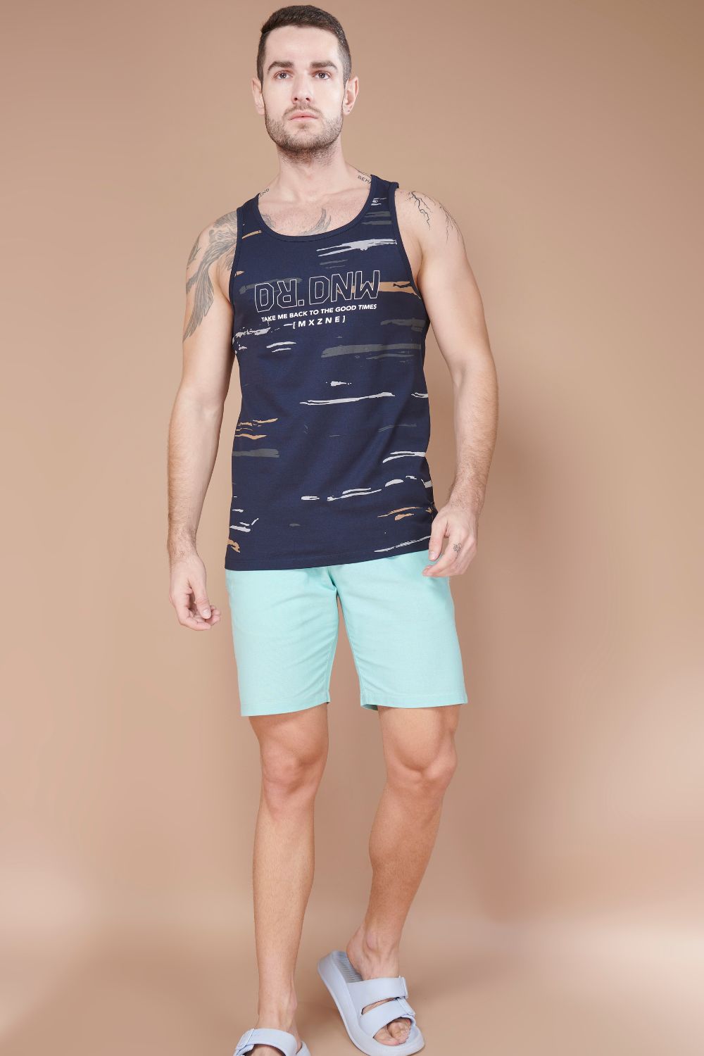 Teal navy colored cotton Sleeveless Printed Tank Tees for men, full view.