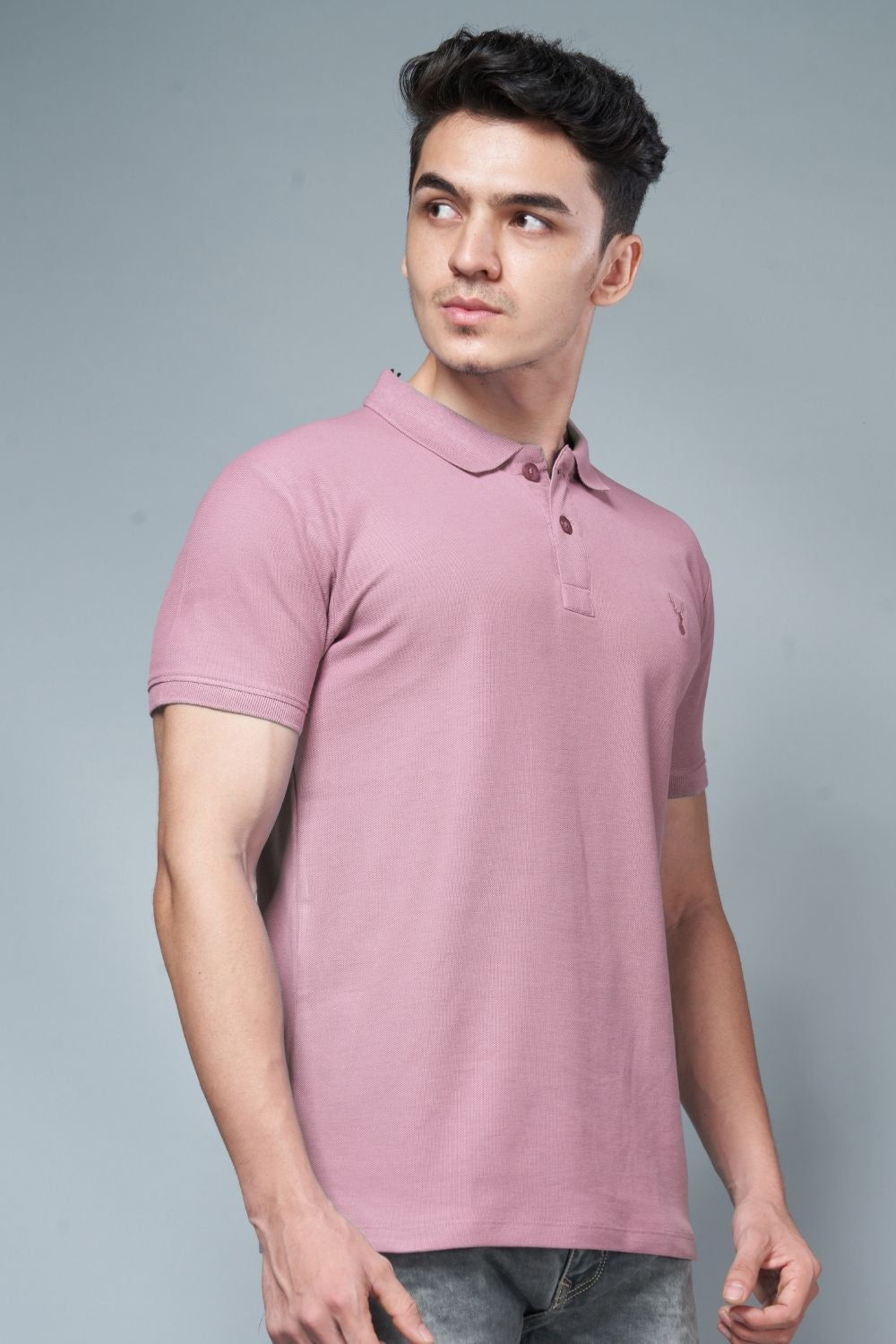 Salmon Pink colored, identity Polo T-shirts for men with collar and half sleeves, side view.