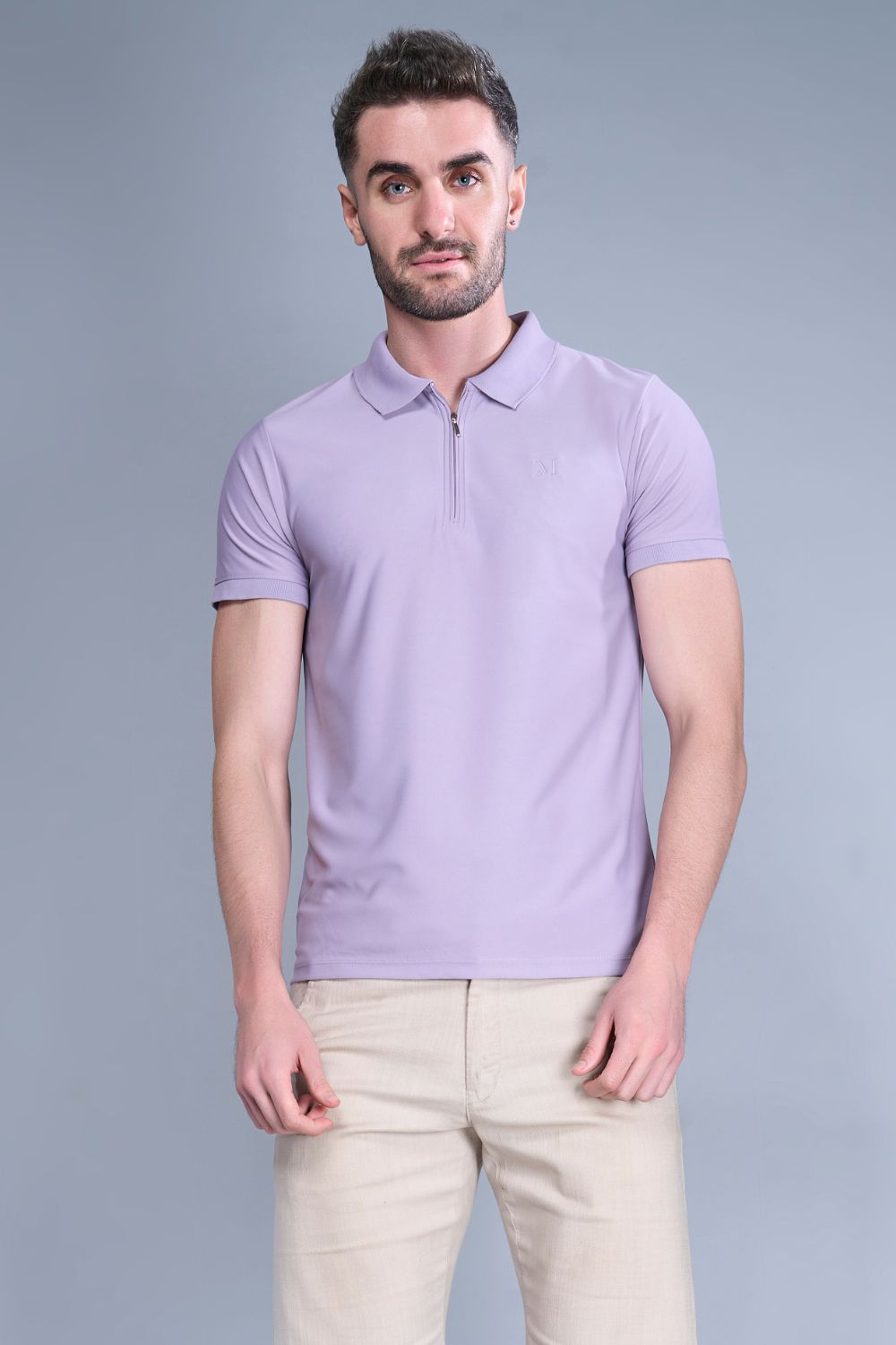 Mauve colored, zipped Polo T-shirts for men with collar and half sleeves, full view.