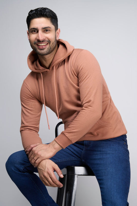 Leather Brown colored, hoodie for men with full sleeves and relaxed fit.