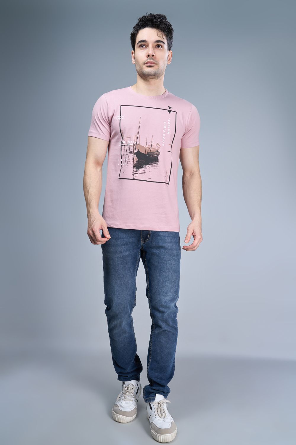 Rose pink colored, cotton Graphic T shirt for men, half sleeves and round neck, front view.