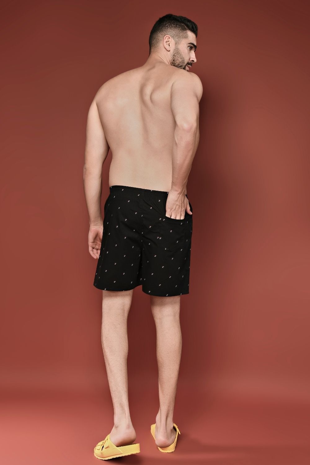 back pockets of Teal Navy colored all over printed cotton boxer for men.