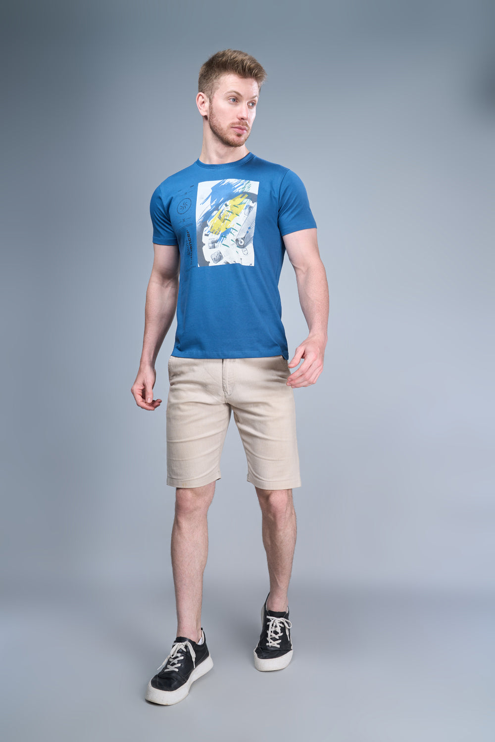 Blue colored, cotton Graphic T shirt for men, half sleeves and round neck, front view.
