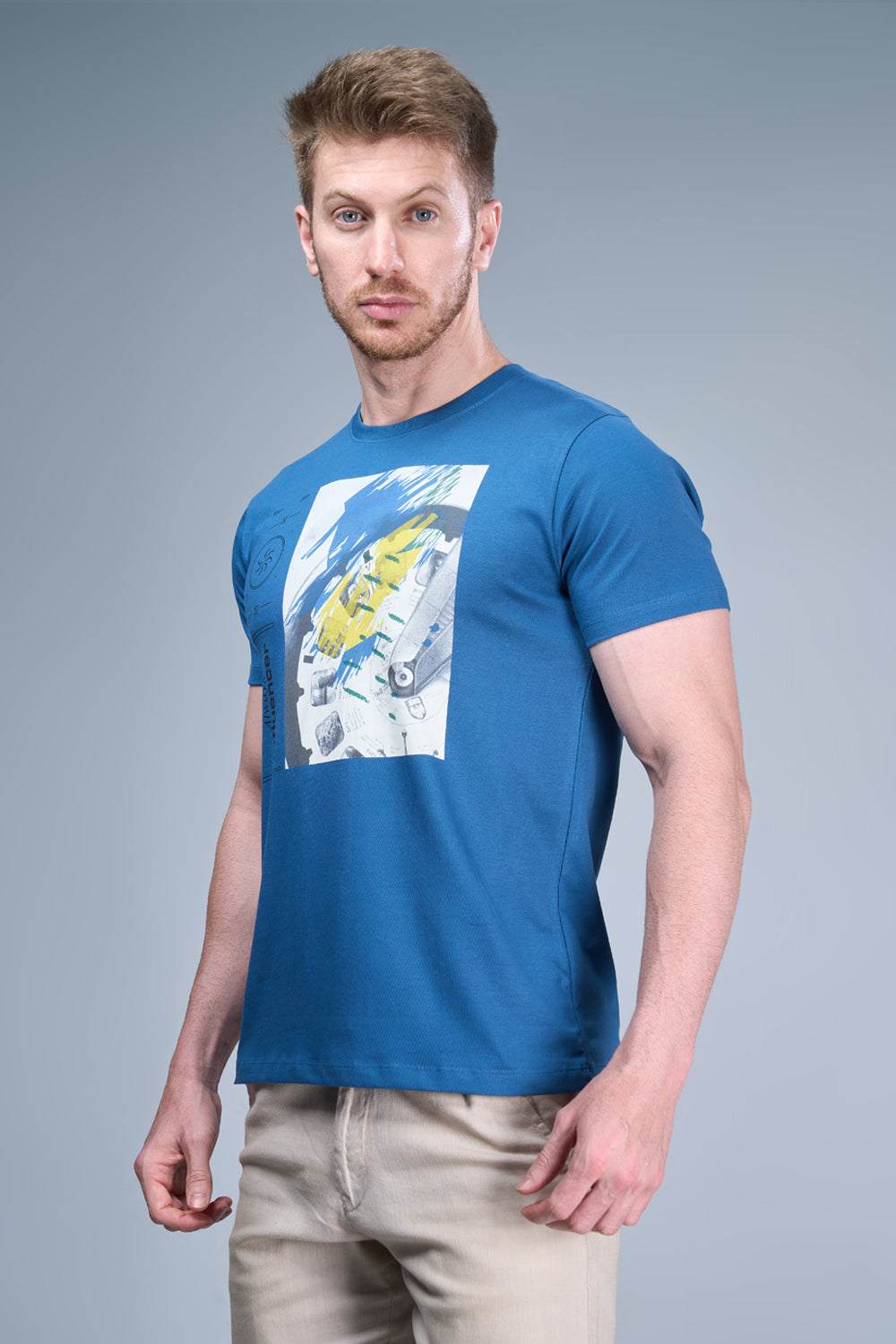 Blue colored, cotton Graphic T shirt for men, half sleeves and round neck, side view.