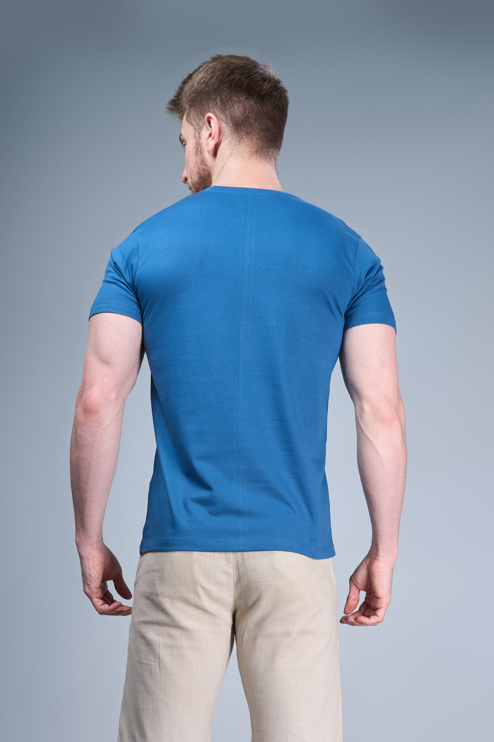 Blue colored, cotton Graphic T shirt for men, half sleeves and round neck, back view.