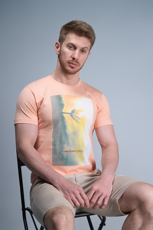 Sun burst colored, cotton Graphic T shirt for men, half sleeves and round neck.