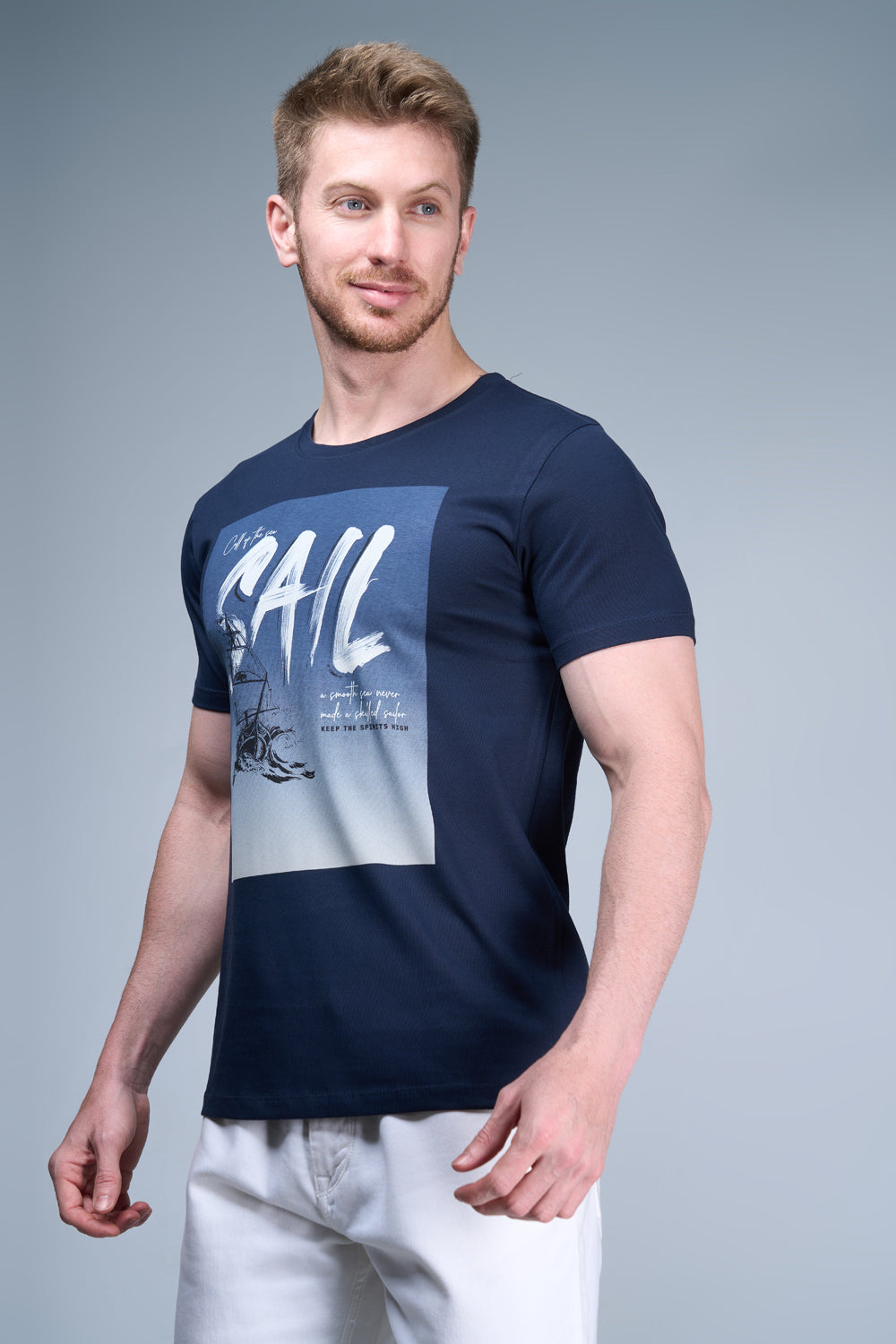 Dark navy colored, cotton Graphic T shirt for men, half sleeves and round neck, side view.