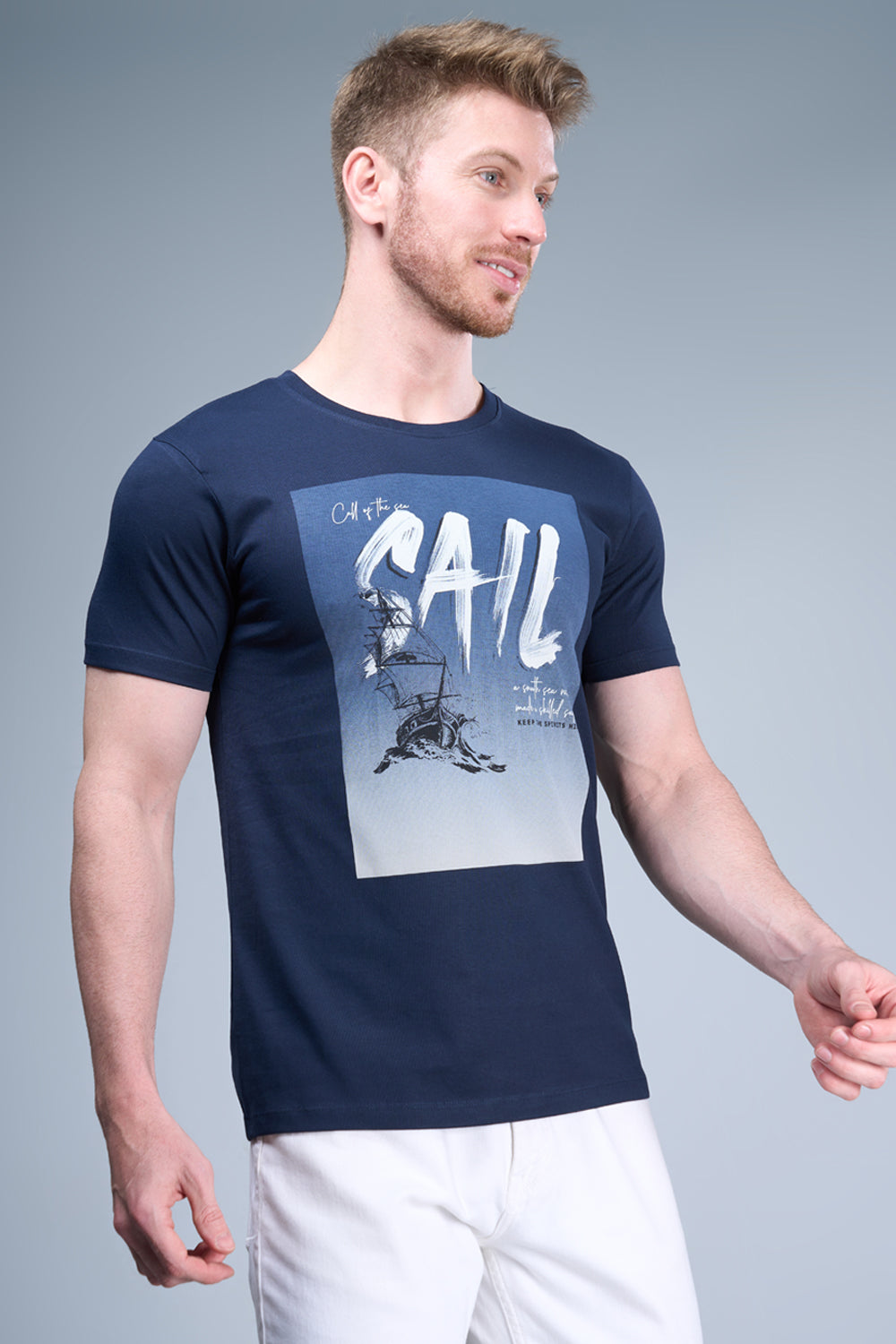 Dark navy colored, cotton Graphic T shirt for men, half sleeves and round neck.