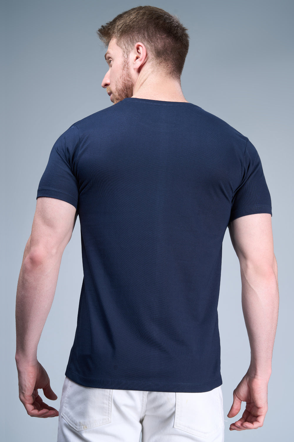 Dark navy colored, cotton Graphic T shirt for men, half sleeves and round neck, back view.