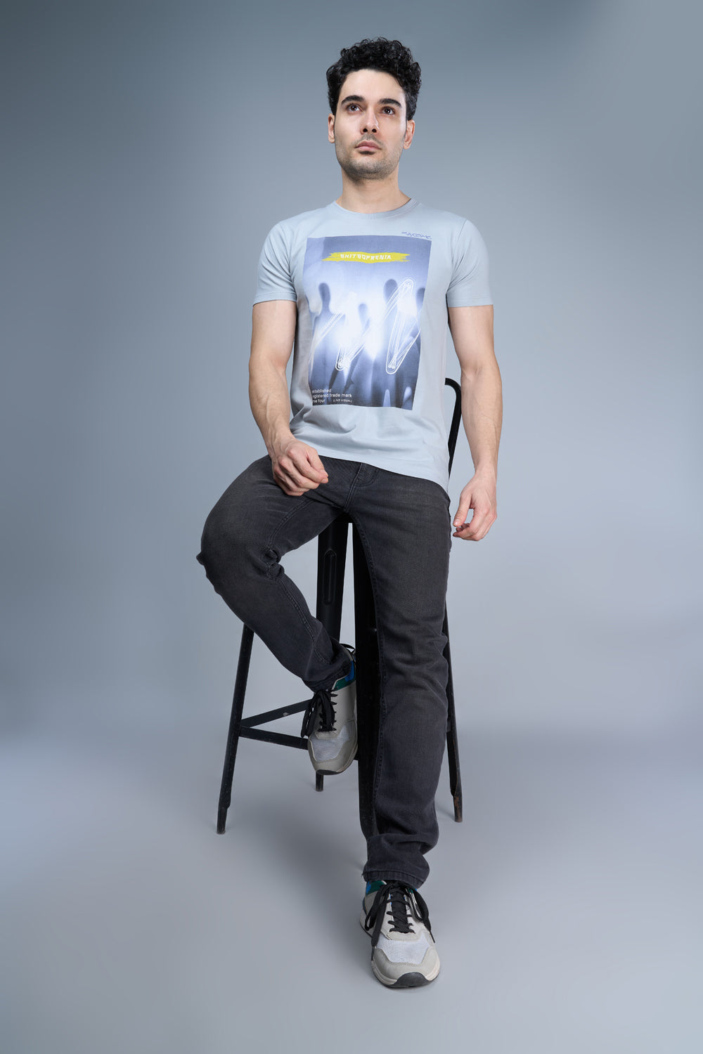 Night blue colored, cotton Graphic T shirt for men, half sleeves and round neck.