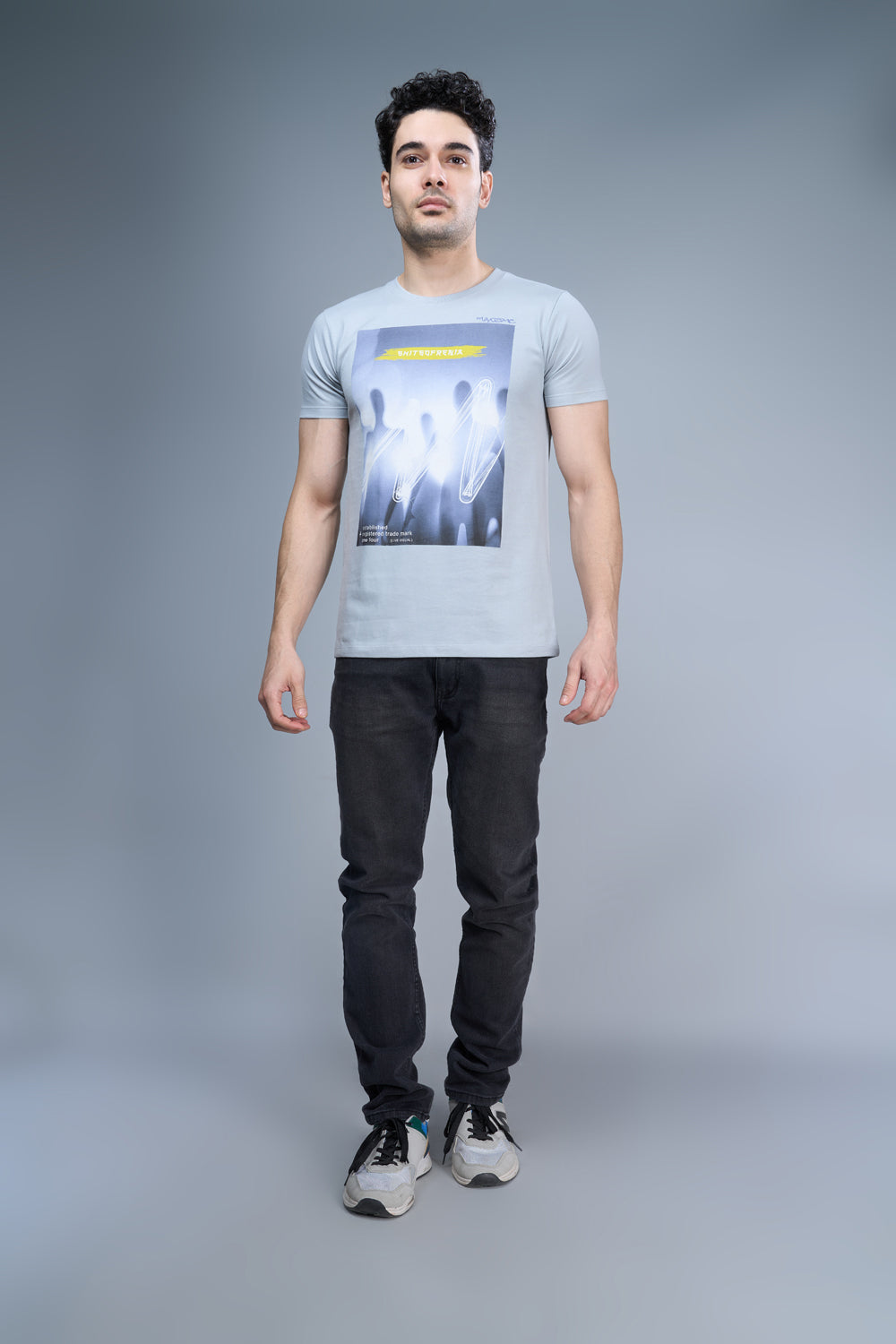 Night blue colored, cotton Graphic T shirt for men, half sleeves and round neck, front view.
