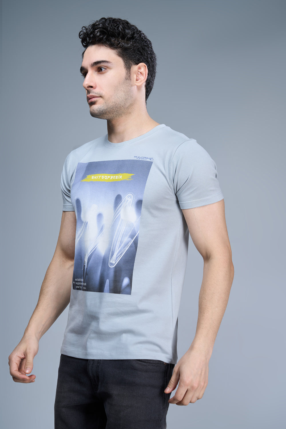 Night blue colored, cotton Graphic T shirt for men, half sleeves and round neck, side view.