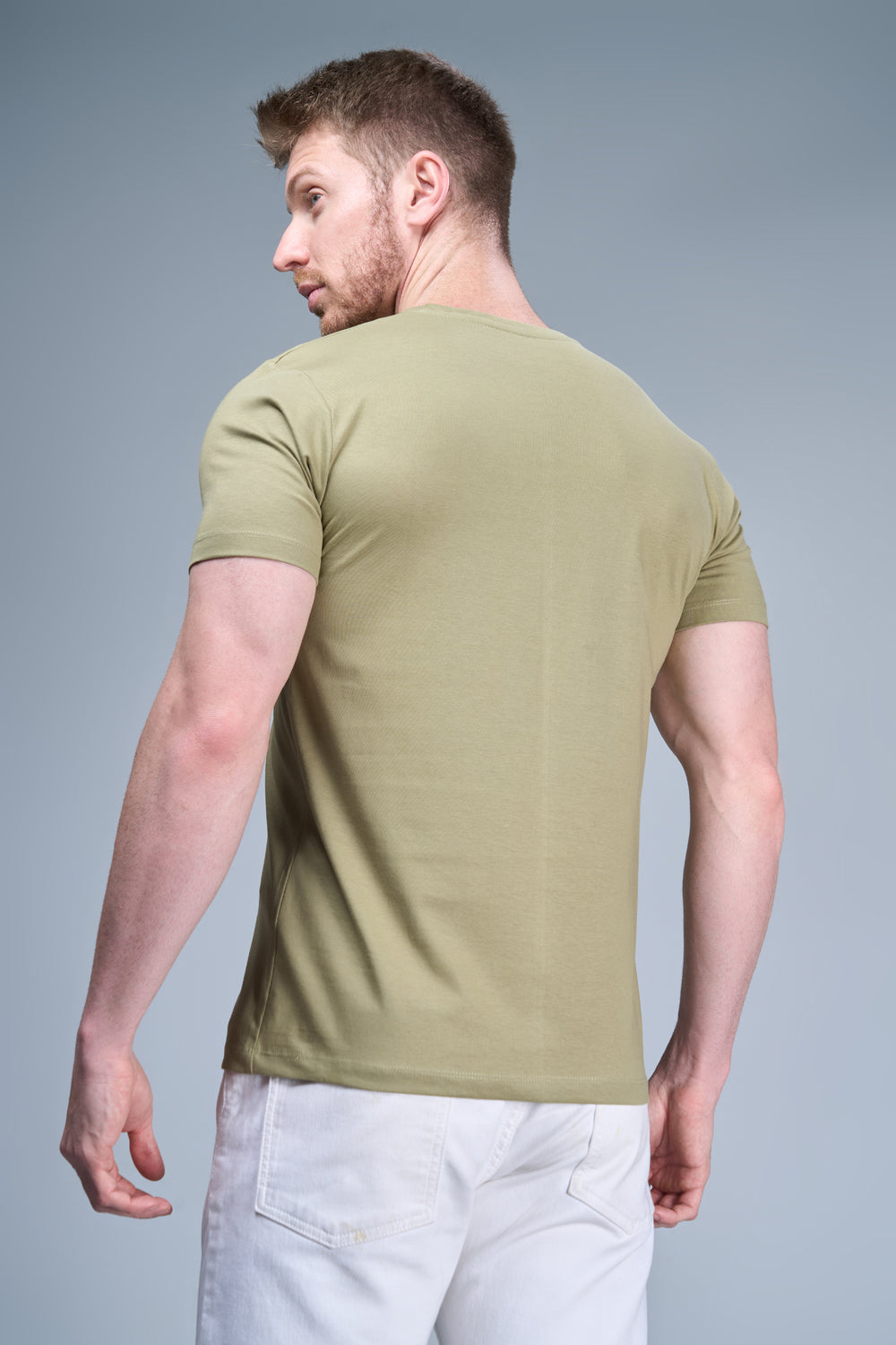Forest green colored, cotton Graphic T shirt for men, half sleeves and round neck, Back view.