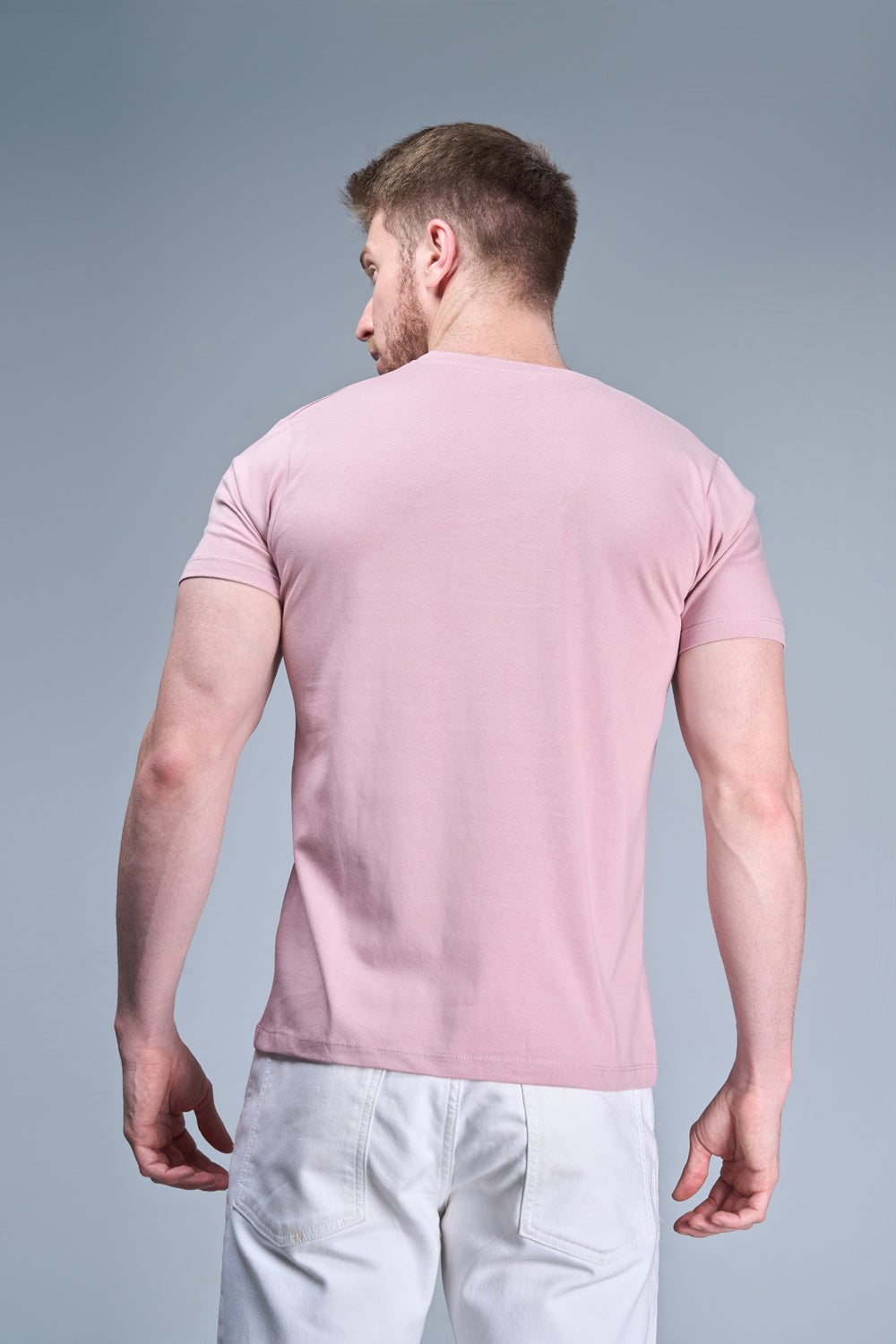Lilac shade colored, cotton Graphic T shirt for men, half sleeves and round neck, Back view.