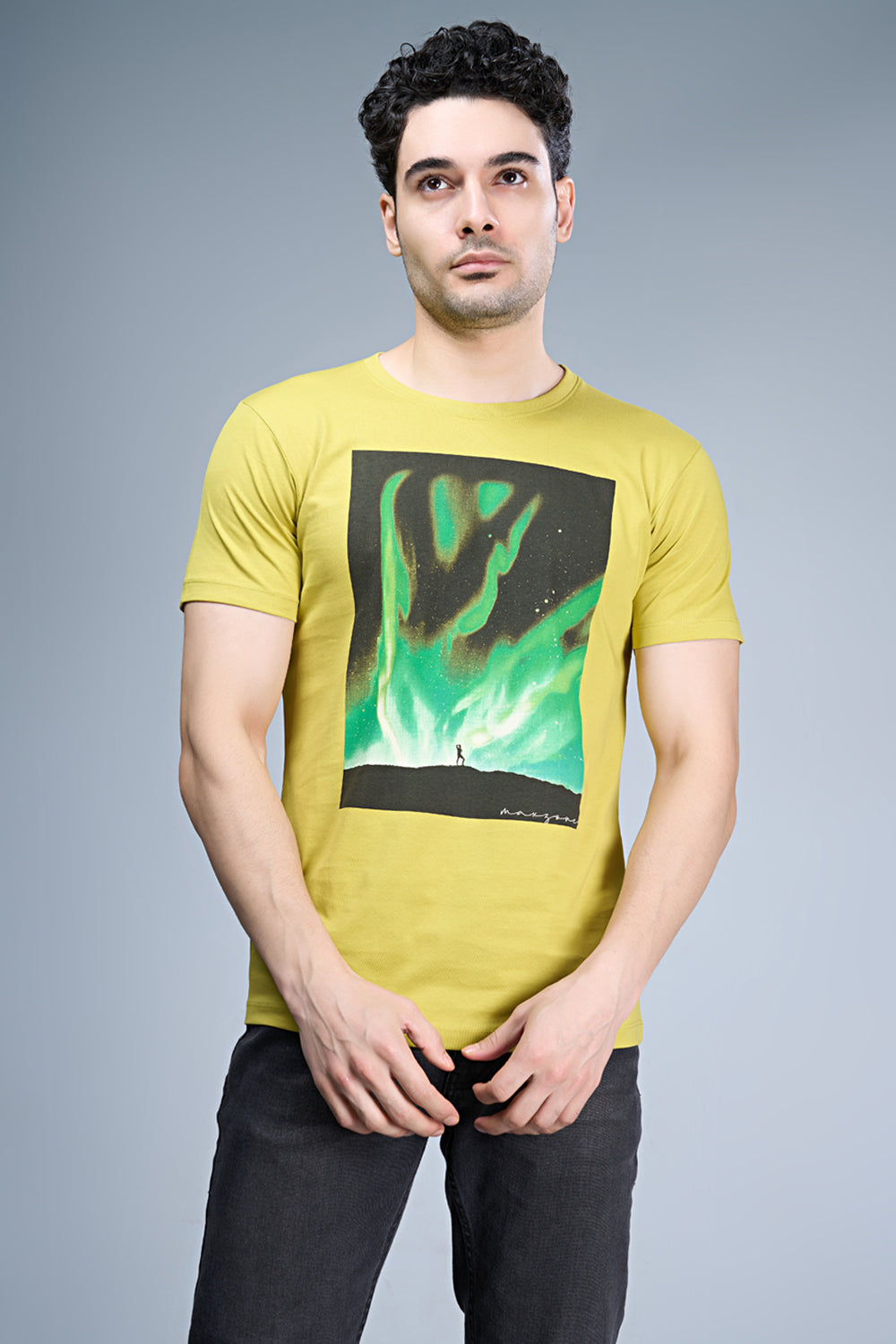 B. Yellow colored, cotton Graphic T shirt for men, half sleeves and round neck, front view.