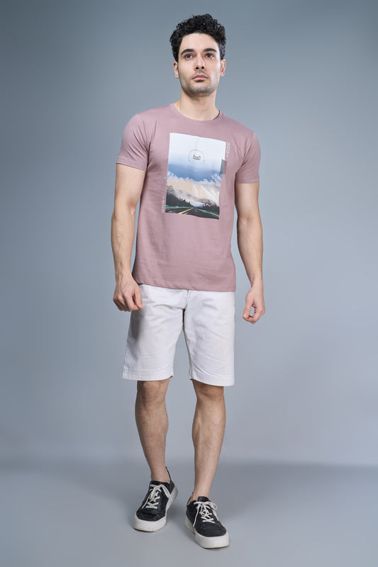Clove colored, cotton Graphic T shirt for men, half sleeves and round neck, front view.