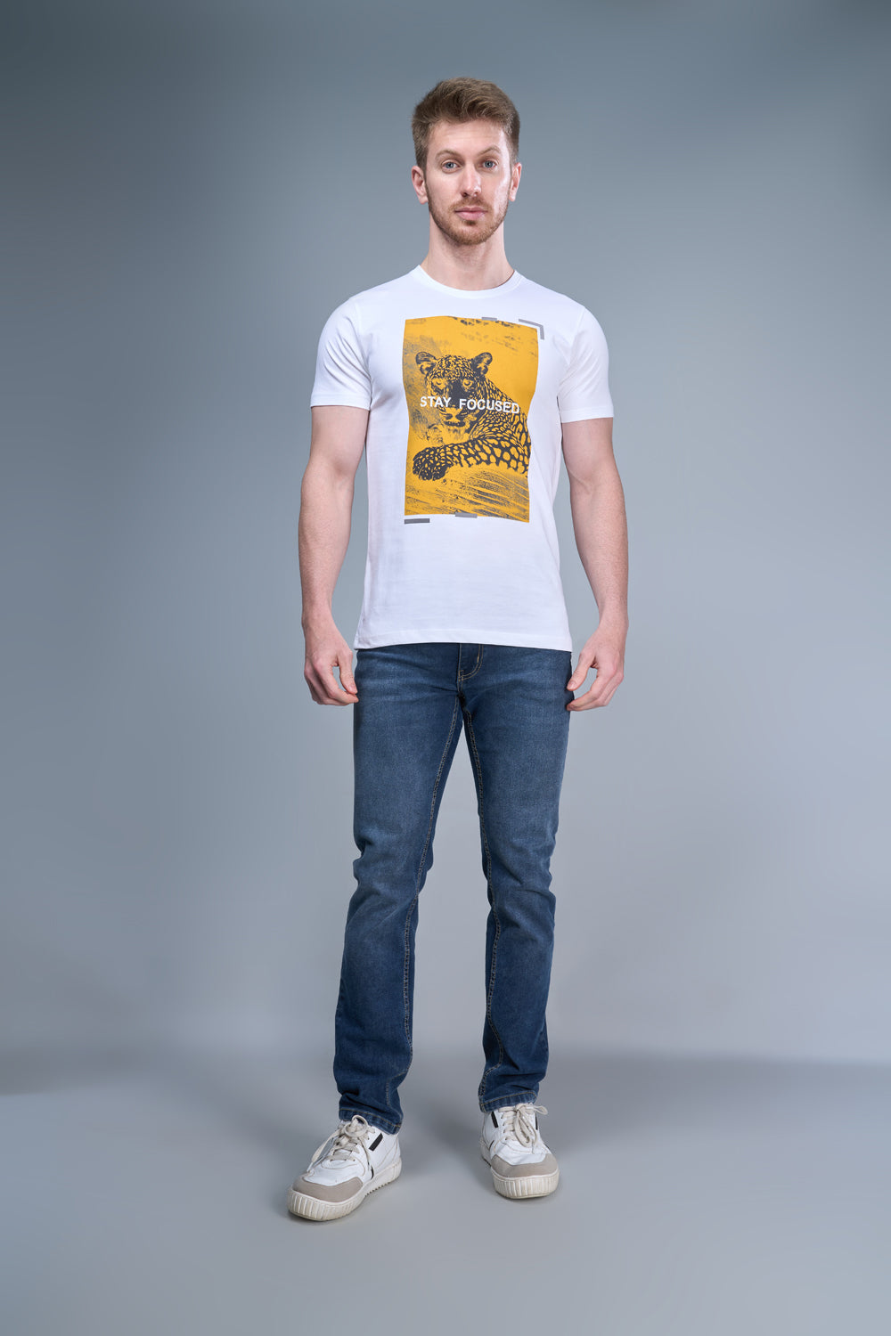 White colored, cotton Graphic T shirt for men, half sleeves and round neck, front view.
