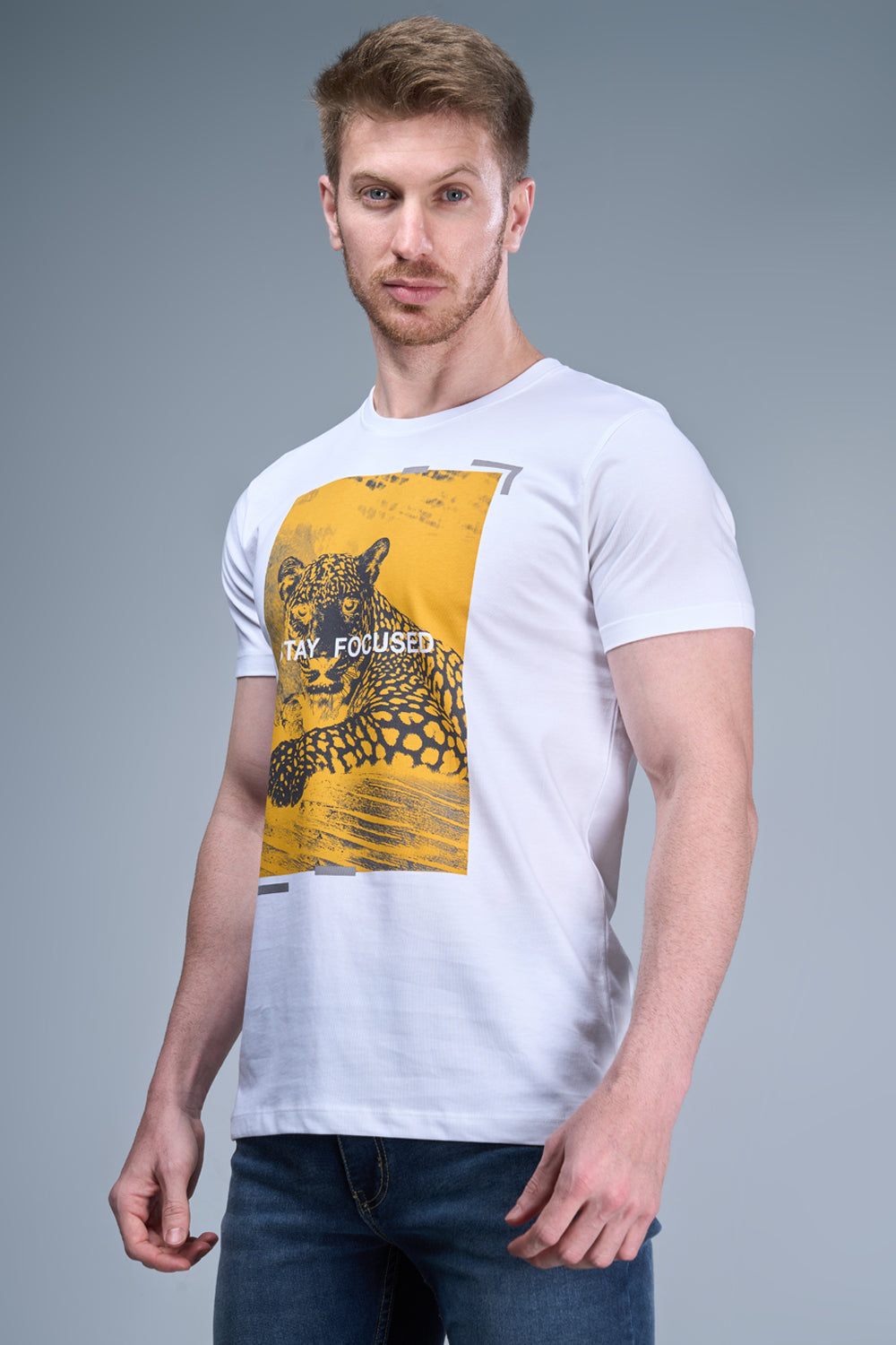 White colored, cotton Graphic T shirt for men, half sleeves and round neck, side view.