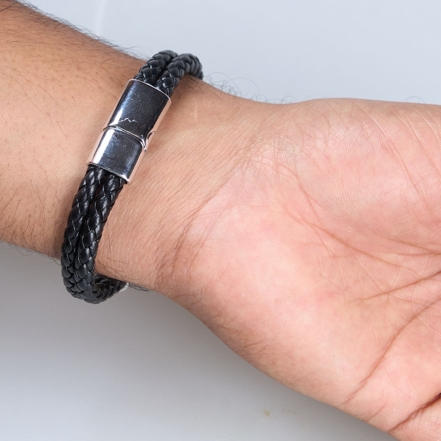 Back View of Black and Silver colored Bracelet for men with magnetic clasp