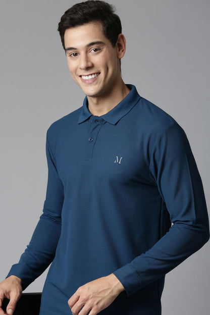 Teal Navy Full Sleeve Smart Tech Polo Full Sleeve T-Shirt Maxzone Clothing   