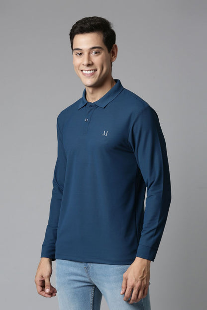 Teal Navy Full Sleeve Smart Tech Polo Full Sleeve T-Shirt Maxzone Clothing M  