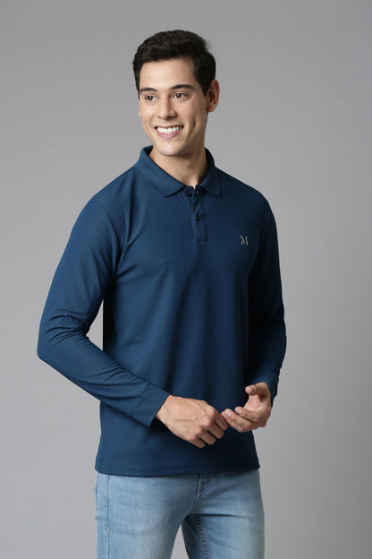 Teal Navy Full Sleeve Smart Tech Polo Full Sleeve T-Shirt Maxzone Clothing   