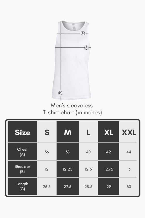 Size chart of White colored cotton Sleeveless Printed Tank Tees for men.