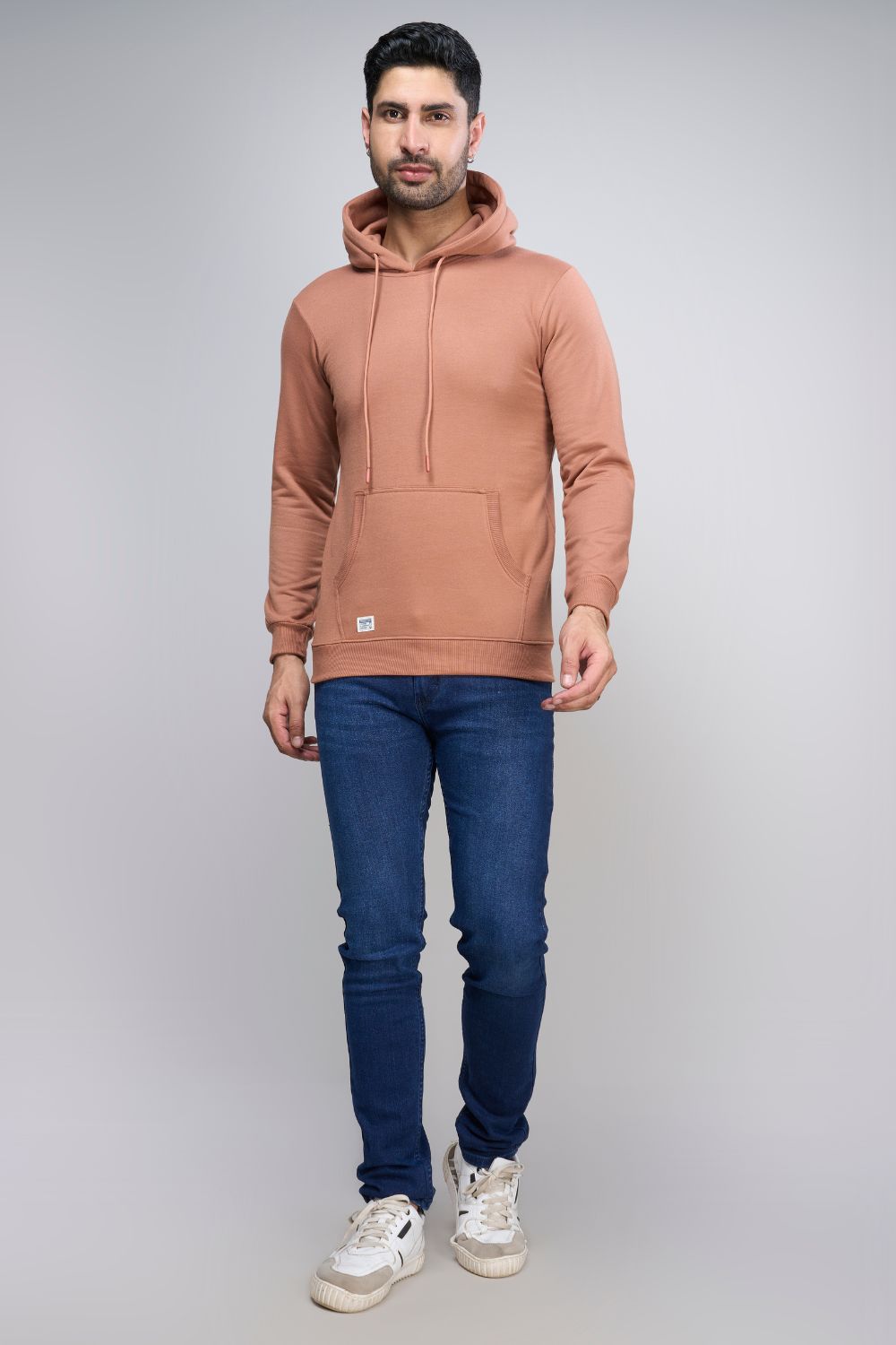 Leather Brown colored, hoodie for men with full sleeves and relaxed fit, front view.